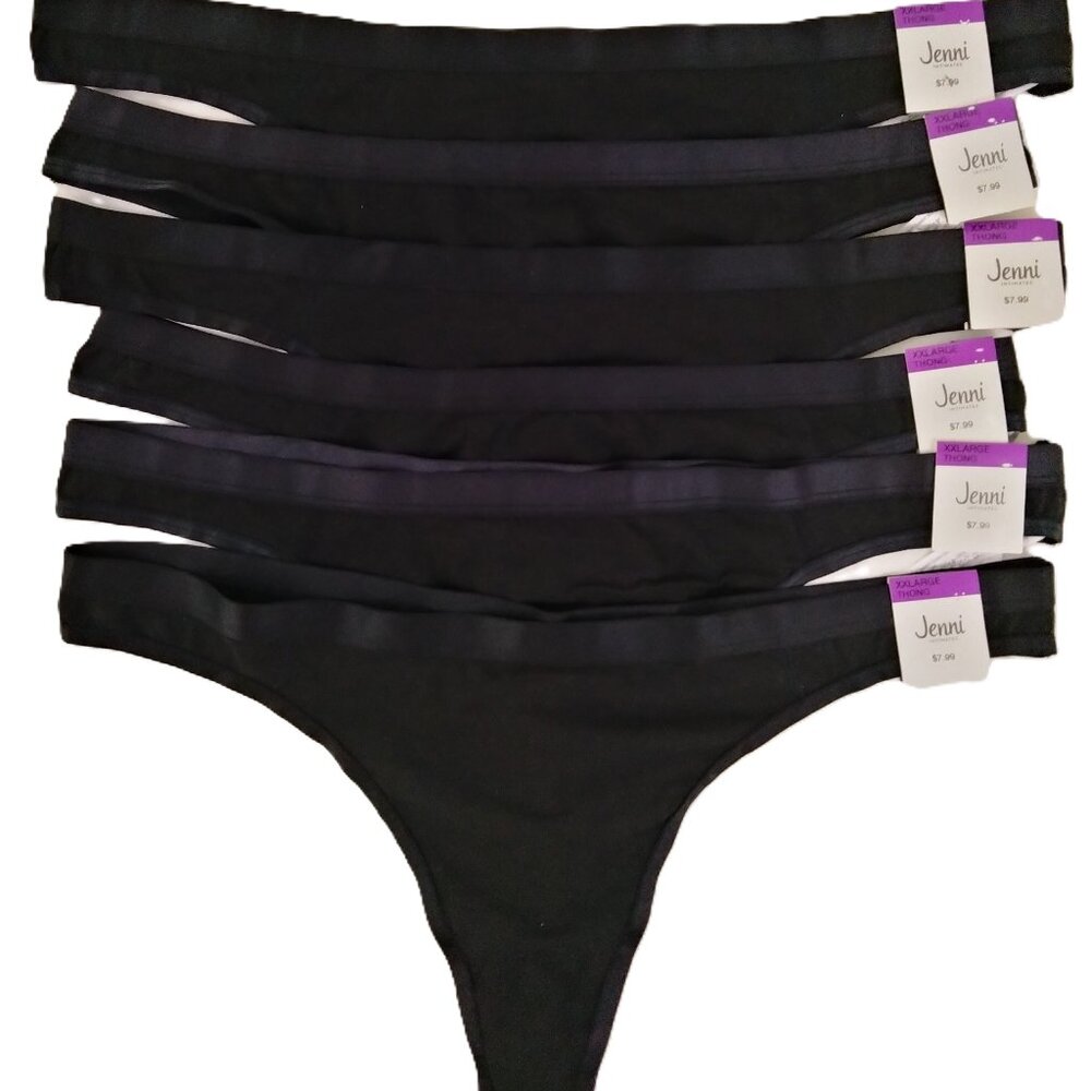 Jenni Women's Thong Underwear 6 Pairs 2XL Classic Black Cheeky Satin Trim